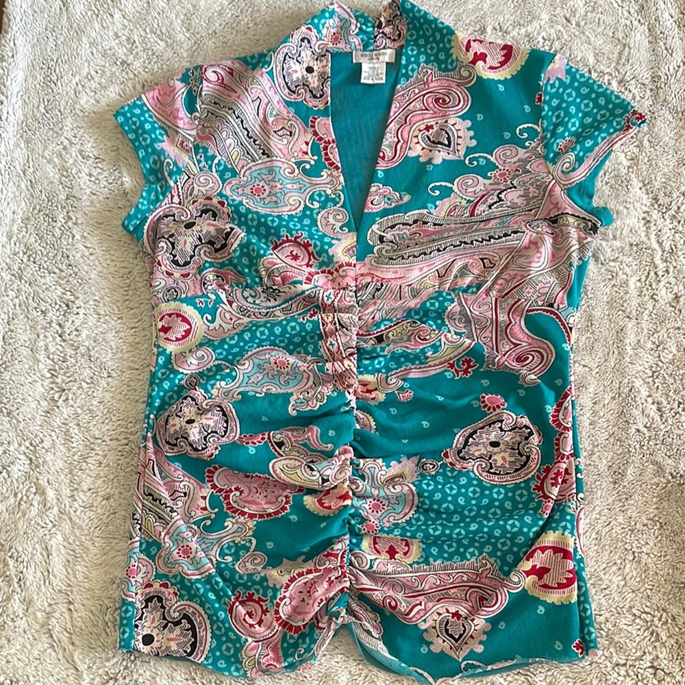 BisouBisou Vibrant Paisley Ruched Mesh Top SZ S  Stretchy Maternity